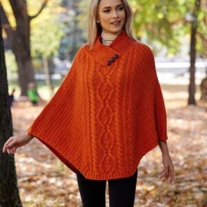 NWT Irish Aran Cable Knit Wool Poncho Doogan Donegal Ireland Orange Fisherman